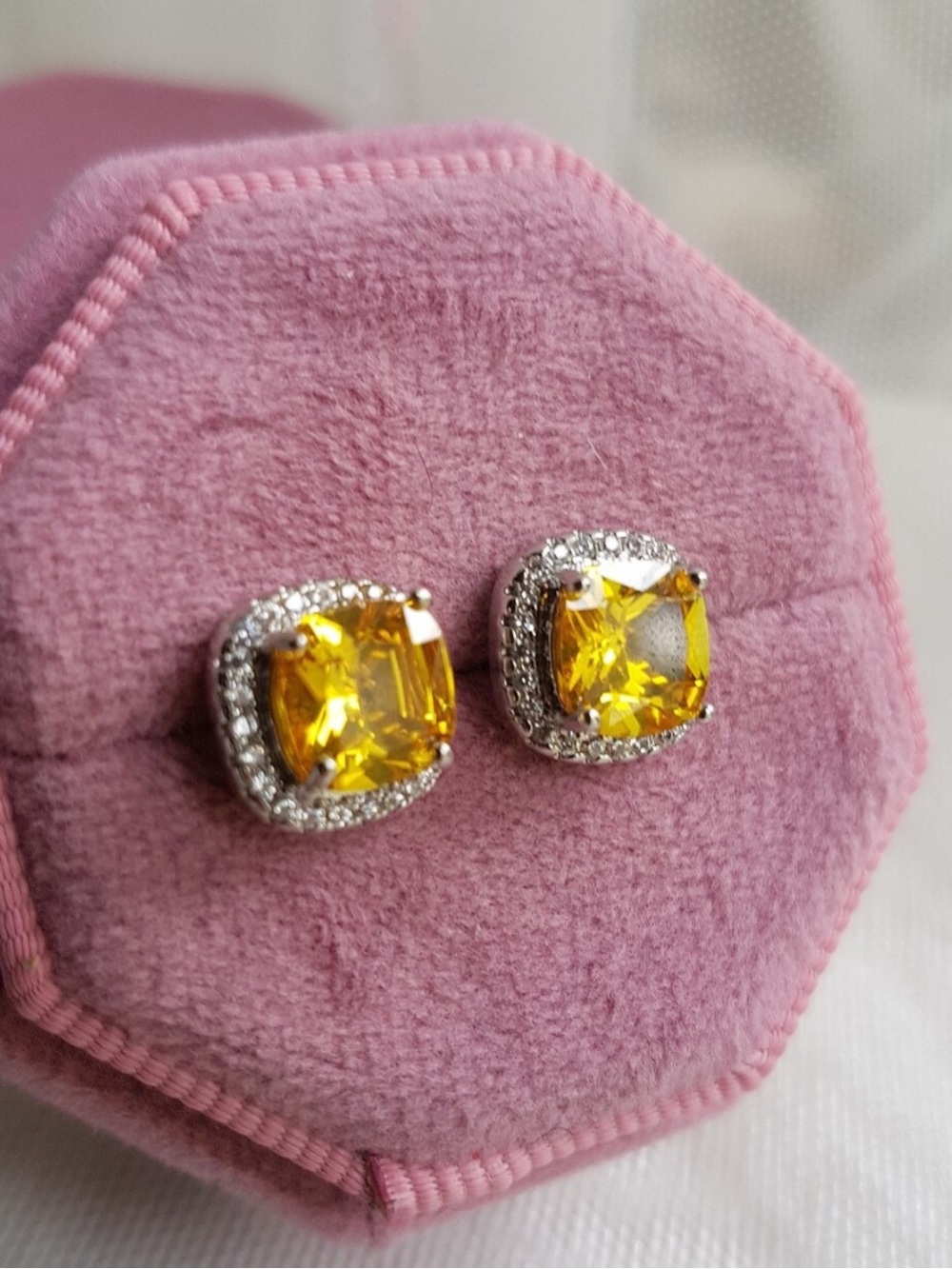 Swarovski Elements 925 Sterling Silver Citrine Yellow Square Halo Earrings NEW